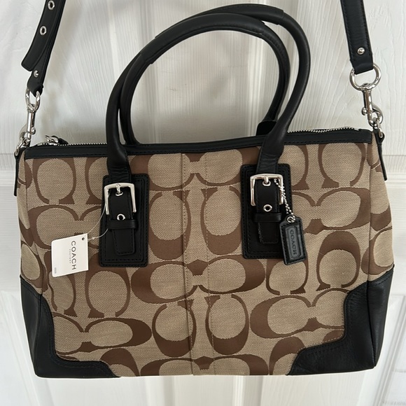NWT Coach Signature Hampton Carryall Khaki Black leather shoulder bag F13812 - Picture 2 of 8